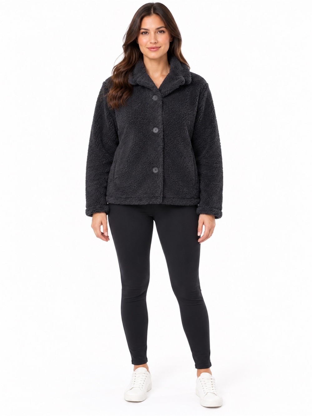 Cozy Plush Button-Front Jacket - Navy
